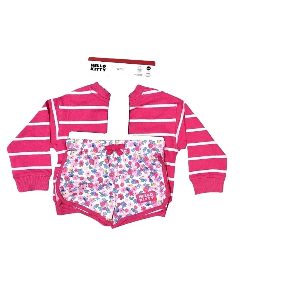 Hello Kitty BabyGirls Pink Striped Sweatshirt & Shorts 2 Piece Sz 2T NEW